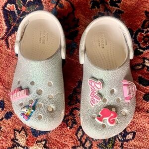 CROCS Little Kid 11 Silver Glitter Clogs with Barbie & Unicorn Charms